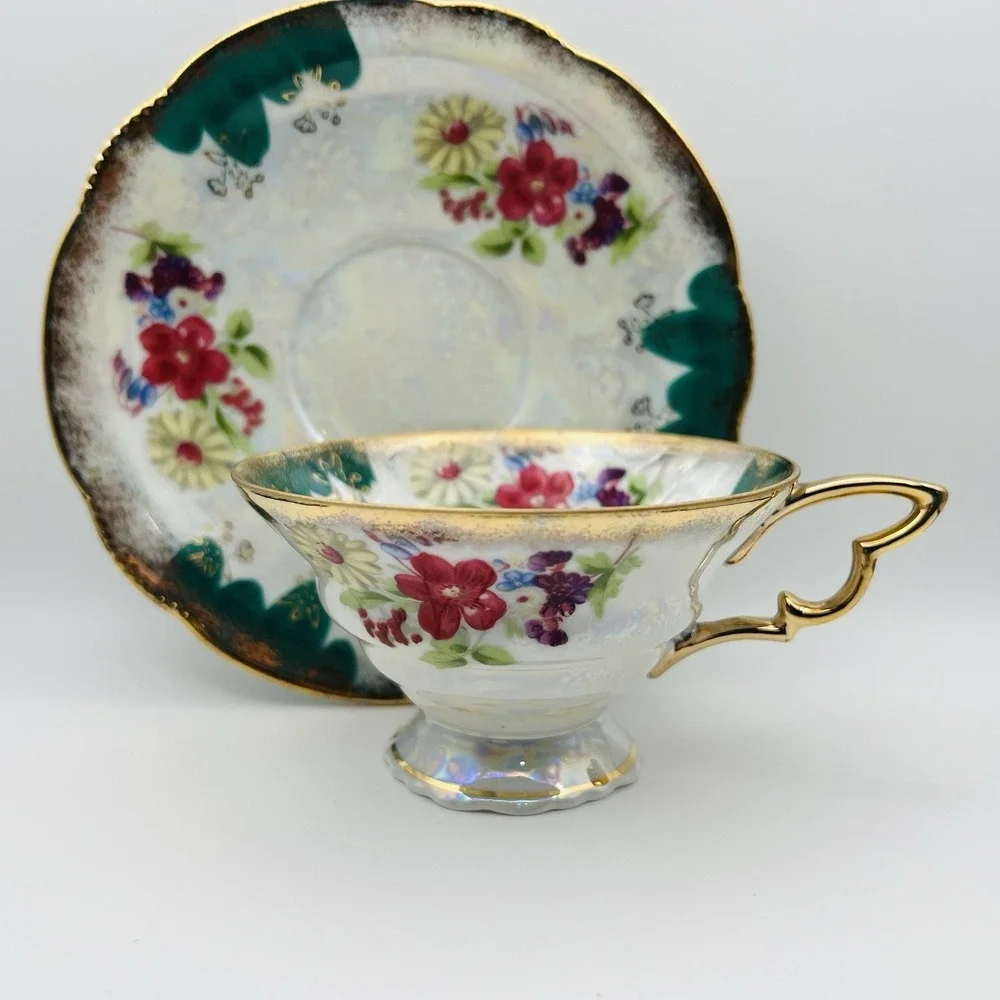 Trimont Ware Japan Pedestal Teacup Saucer Floral Gold Gilt Luster Vintage Tea Se